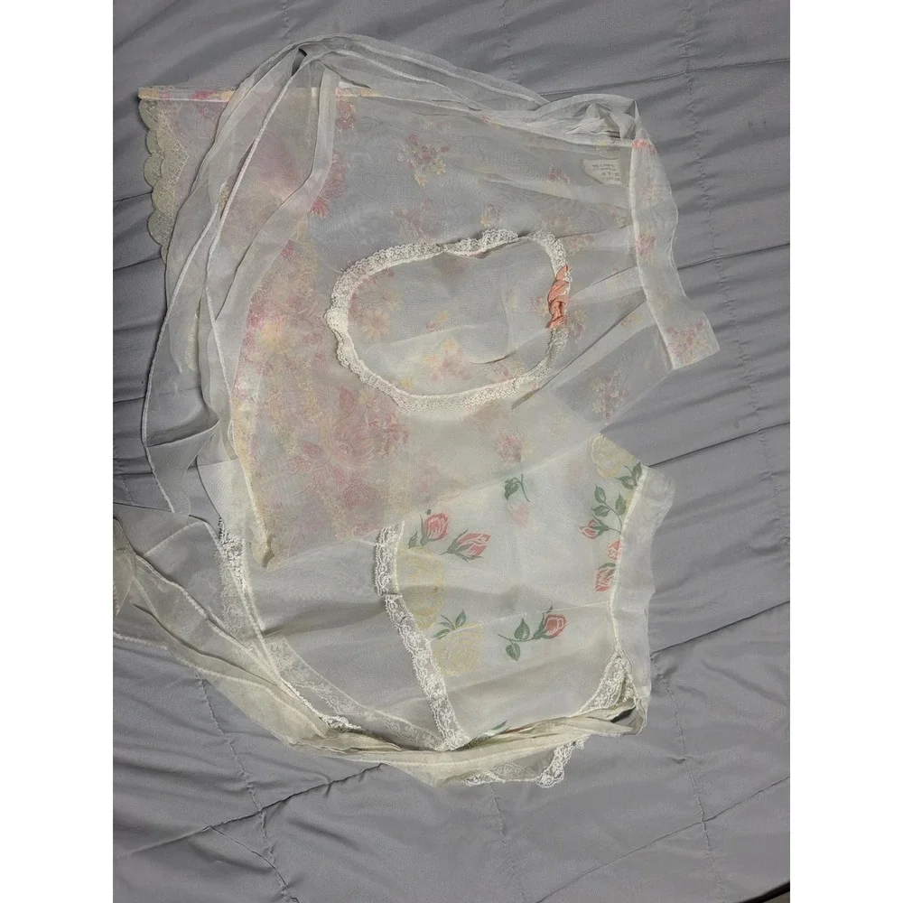 Vintage Busy Hour Aprons Sheer Floral Organza Lace Trim Half Apron Set of 2
